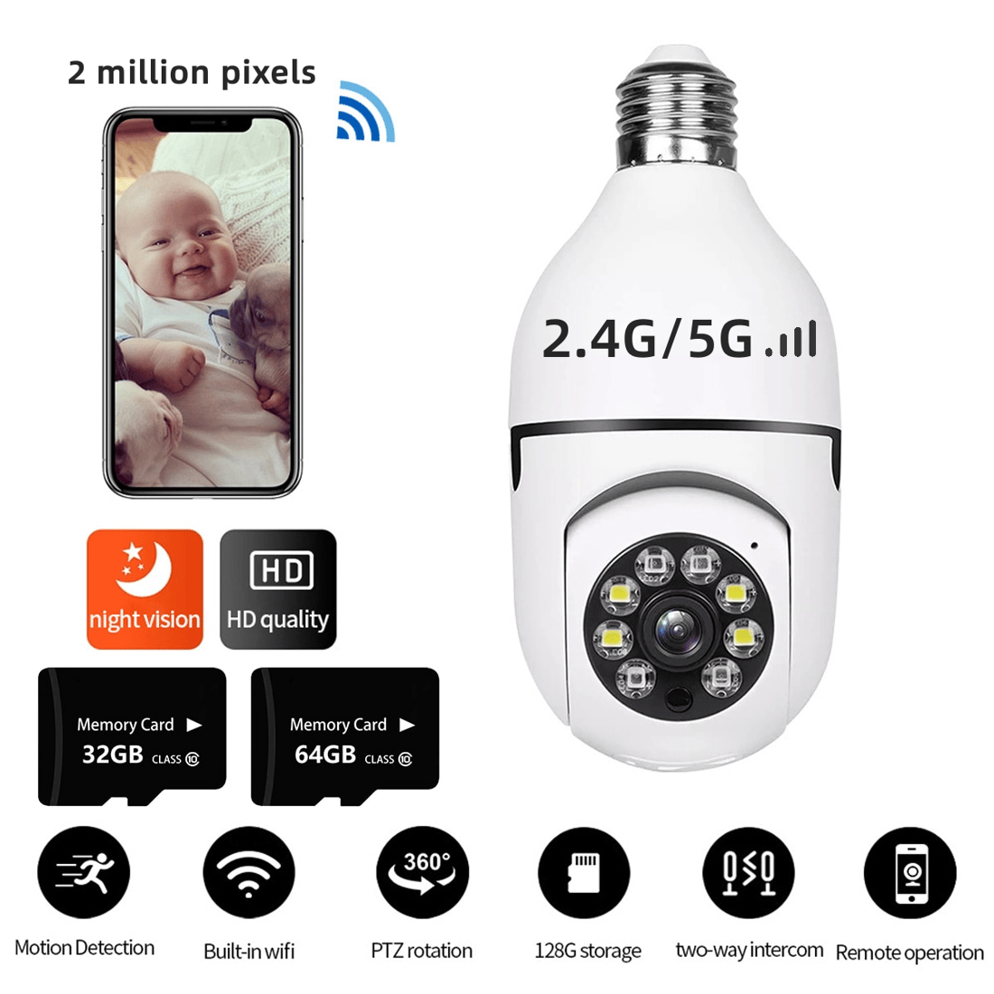 5G Wireless Wifi Light Bulb Security Camera