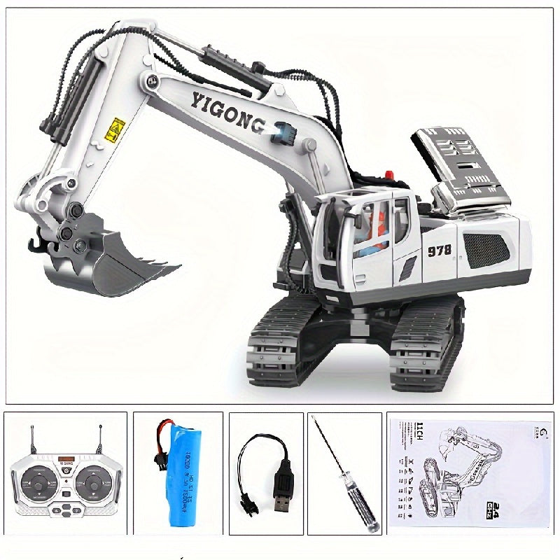 2.4Ghz Remote Control Excavator Toy Metal Shovel, 11 Channel RC Construction Bulldozer Vehicles Digger Toys Gift With Light And Sound