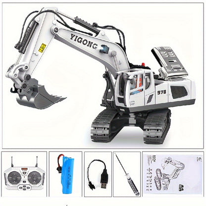 2.4Ghz Remote Control Excavator Toy Metal Shovel, 11 Channel RC Construction Bulldozer Vehicles Digger Toys Gift With Light And Sound