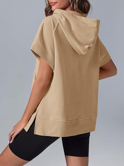 2024 Oversized Casual Half Zip Short Sleeve Pullover Tops with Pockets