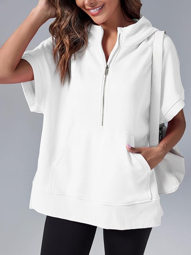 2024 Oversized Casual Half Zip Short Sleeve Pullover Tops with Pockets