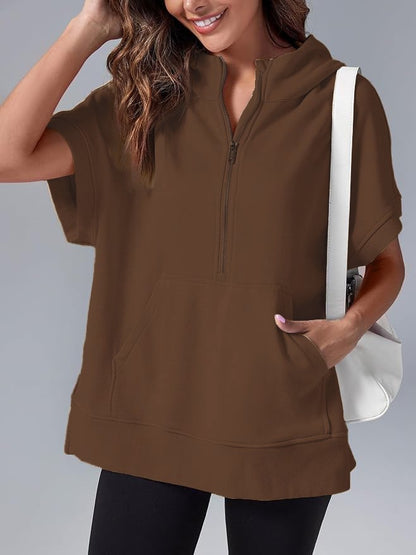 2024 Oversized Casual Half Zip Short Sleeve Pullover Tops with Pockets