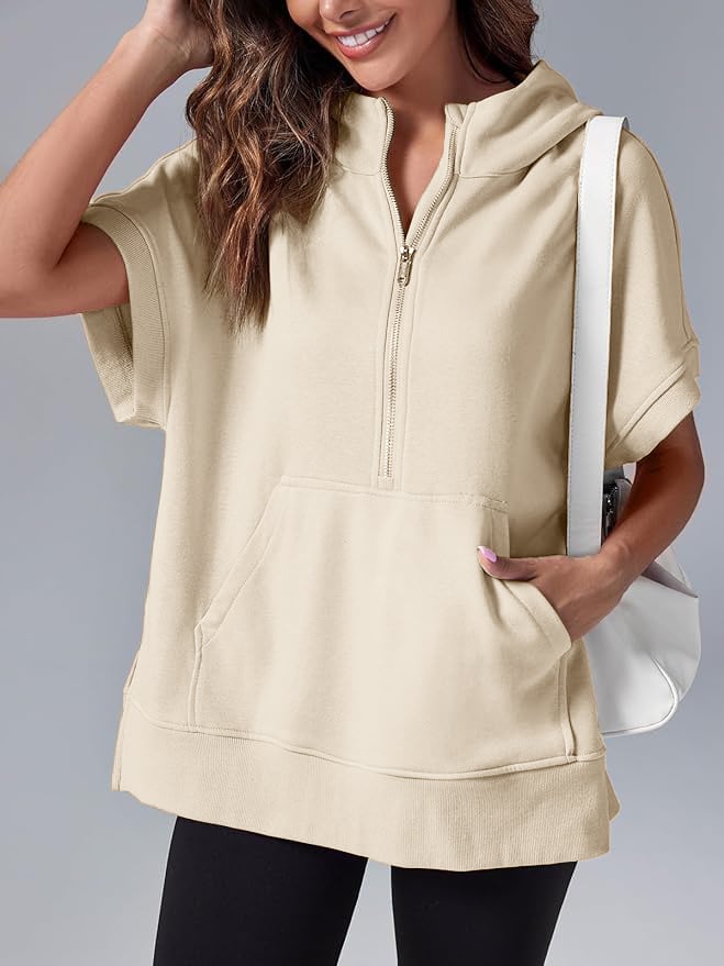 2024 Oversized Casual Half Zip Short Sleeve Pullover Tops with Pockets