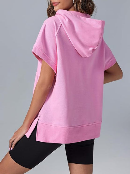 2024 Oversized Casual Half Zip Short Sleeve Pullover Tops with Pockets