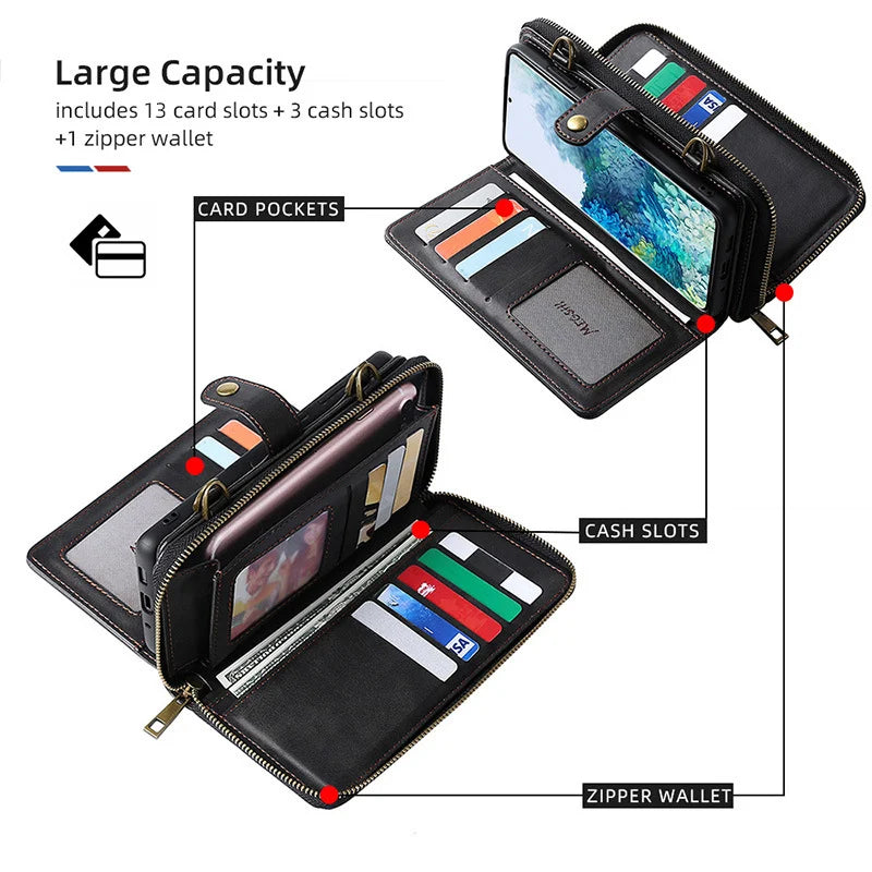 3-in-1 Crossbody Strap Leather All-inclusive Protective Cover With Zipper Wallet For Samsung