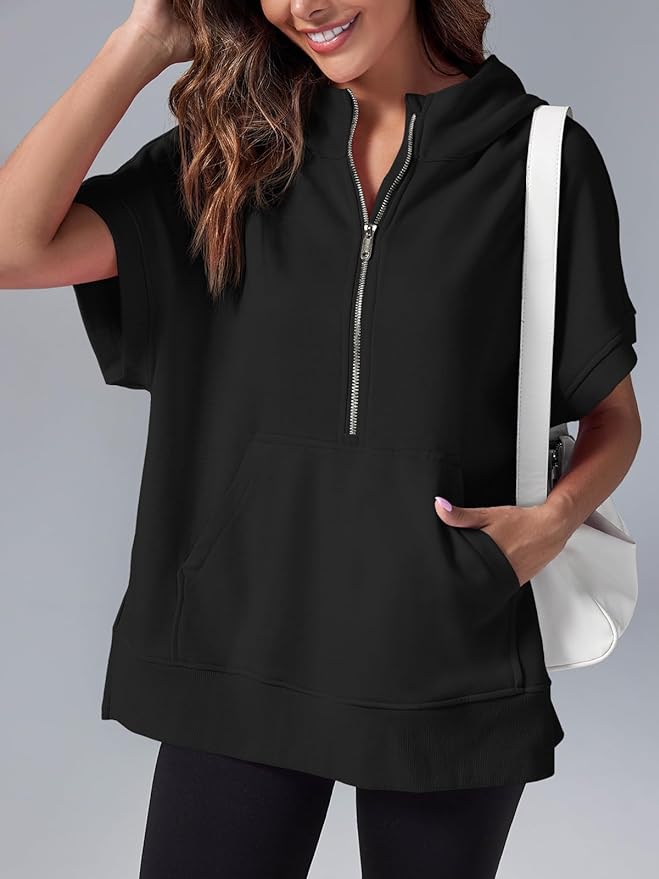 2024 Oversized Casual Half Zip Short Sleeve Pullover Tops with Pockets